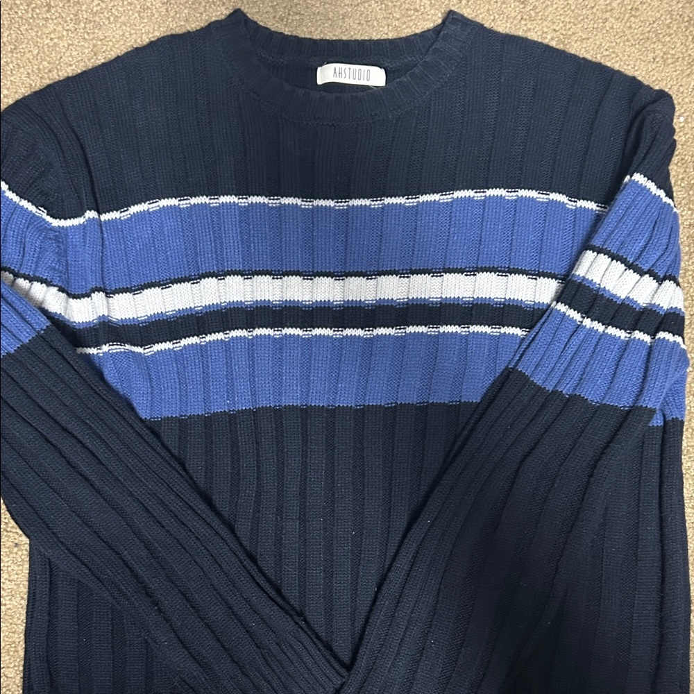 Women's Navy and Blue Striped Crewneck Sweater